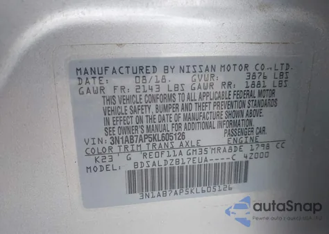 2019 Nissan Sentra Sv z USA, uszkodzony, nr VIN 3N1AB7AP5KL605126